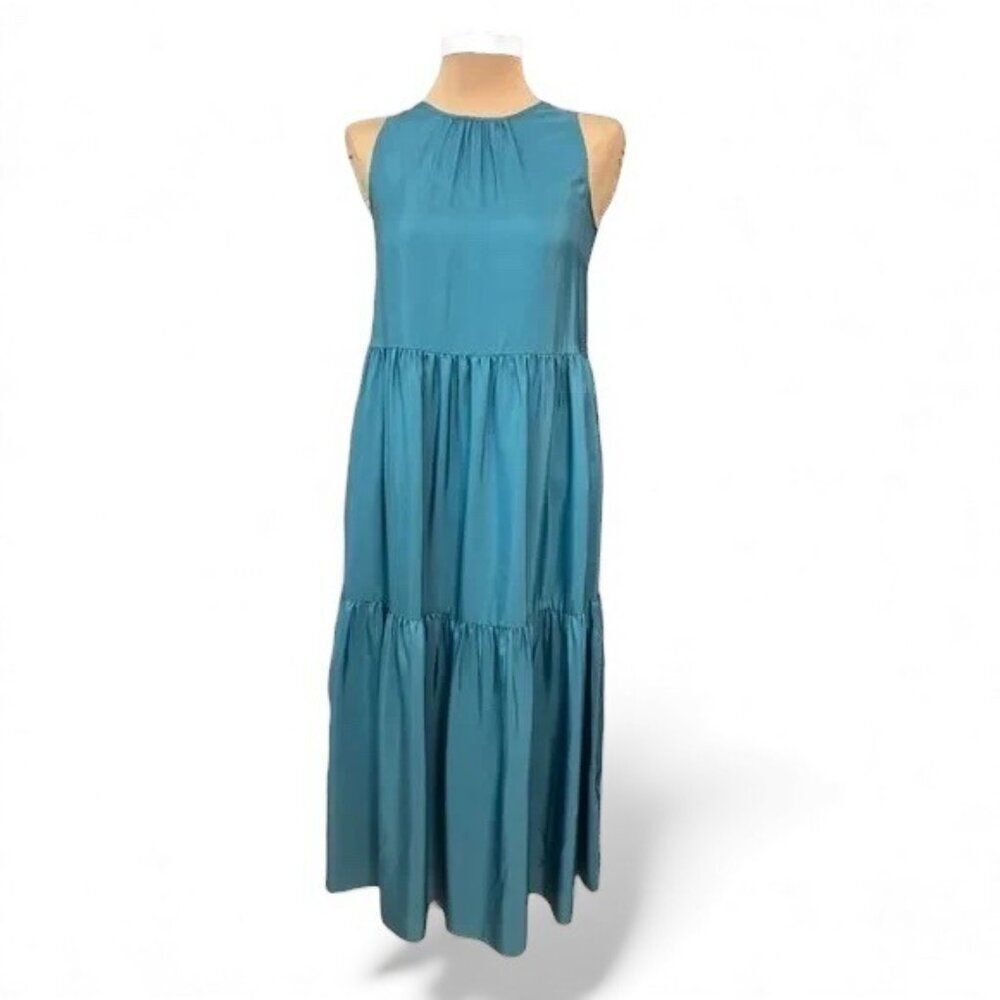 EILEEN FISHER  Washed Silk Round Neck Tiered Maxi Dress XS River Sleeveless
